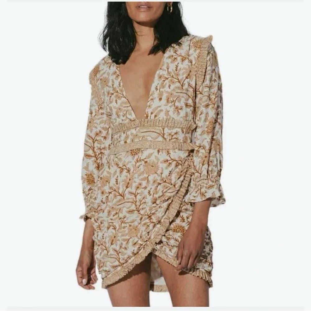 Cleobella Victoria Mini Dress Autumn Block Print Tan White Medium